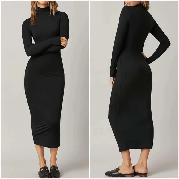 Army Green mock neck fitted midi dress Party - Picture 4 of 8